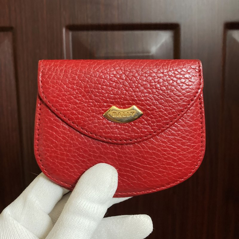 BALLY out of print red leather Italian made logo hardware key ring antique coin purse retro - Coin Purses - Genuine Leather Red