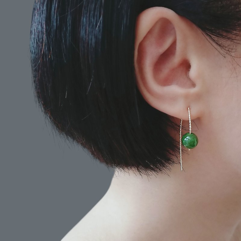 Nephrite Jade Round Beads 14K GF V Hook Earrings - ต่างหู - หยก สีเขียว