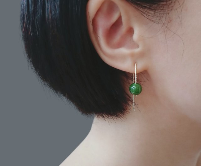 Nephrite Jade Round Beads 14K GF V Hook Earrings - Shop Joyce Wu