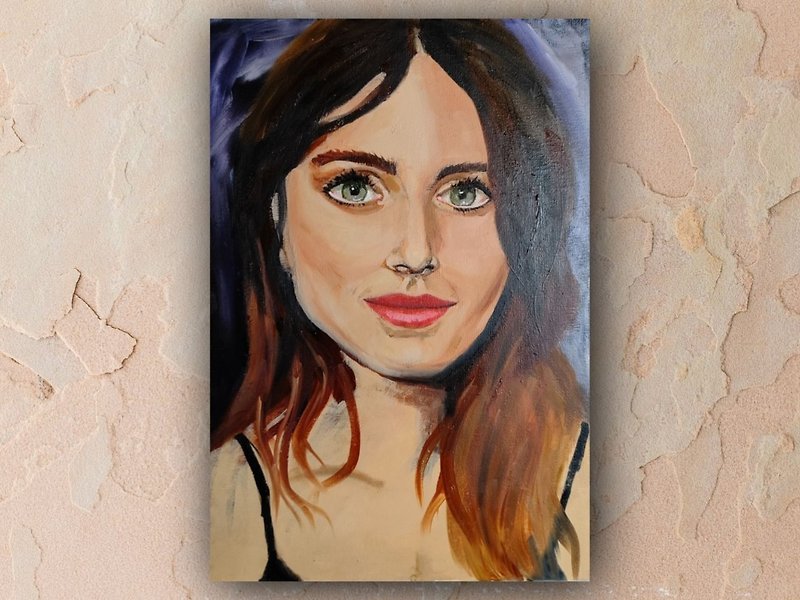 Girl portrait painting original oil art on canvas 35 by 50 cm - Wall Décor - Other Materials Multicolor