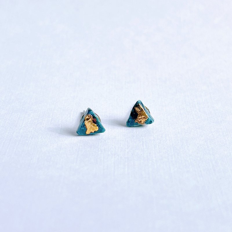 Navy blue small triangular gilt handmade white porcelain earrings unique in ceramics - Earrings & Clip-ons - Porcelain Blue