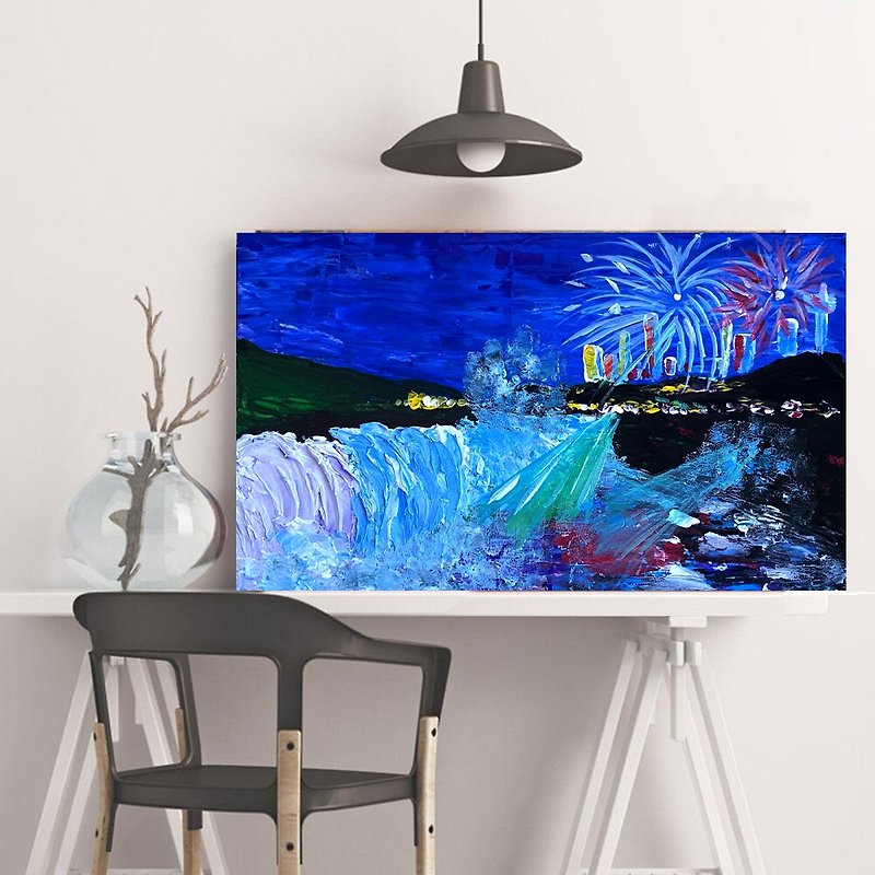 纽约市绘画加拿大原创艺术尼亚加拉瀑布山水画Impasto丙烯酸小画1 - 掛牆畫/海報 - 其他材質 藍色