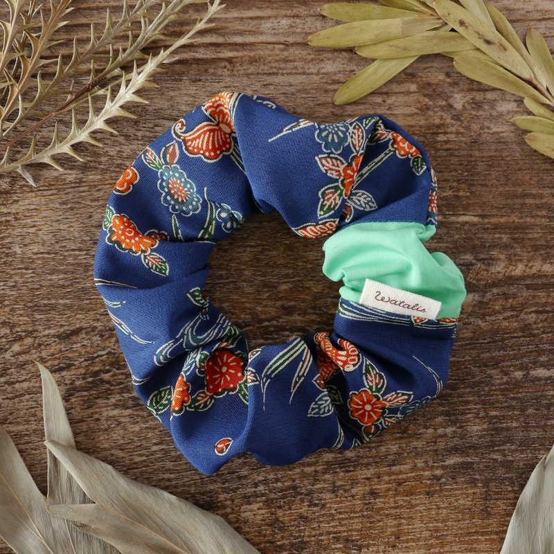 Chrysanthemum and butterfly pattern, happy hair accessory , scrunchie - Hair Accessories - Cotton & Hemp Green