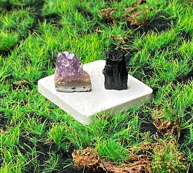 能量擺飾-天然原礦可愛紫晶簇 黑碧璽套組 招財保平安 快速出貨 - 擺飾/家飾品 - 水晶 多色