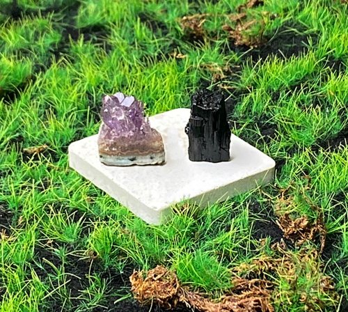 Rainbow Crystal 能量擺飾-天然原礦可愛紫晶簇 黑碧璽套組 招財保平安 快速出貨