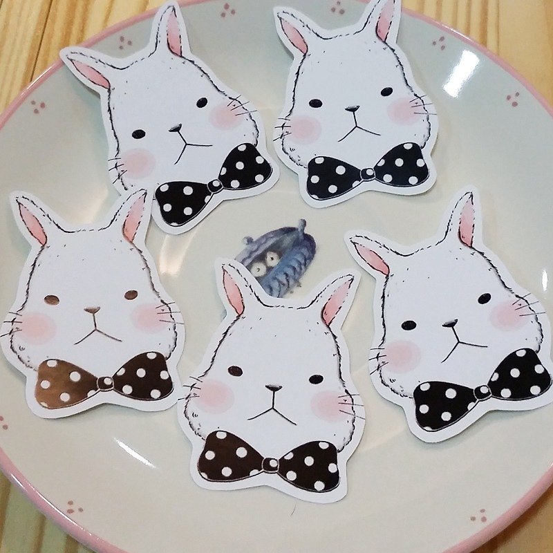 Waterproof super sticky sticker / hair Peng Peng white rabbit - cute black bow shape (5 in) - สติกเกอร์ - กระดาษ 