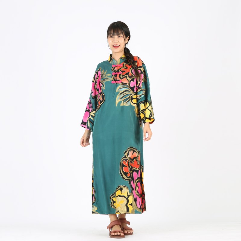 Kaftan 中式設計 棉絲材質 手工繪製 – Free Size - 洋裝/連身裙 - 棉．麻 綠色