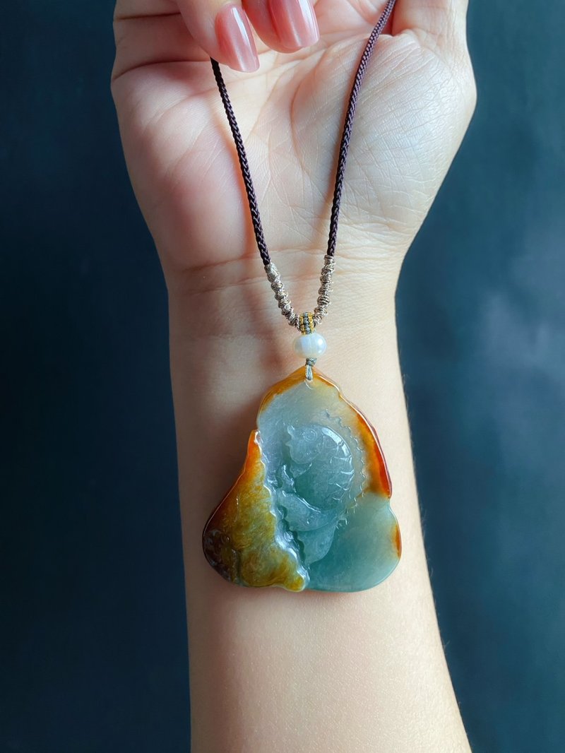 緬甸玉翡翠 天然紅翡 手工雕 荷葉魚 翡翠 禮物 天然石 項鍊 - 項鍊 - 玉石 紅色