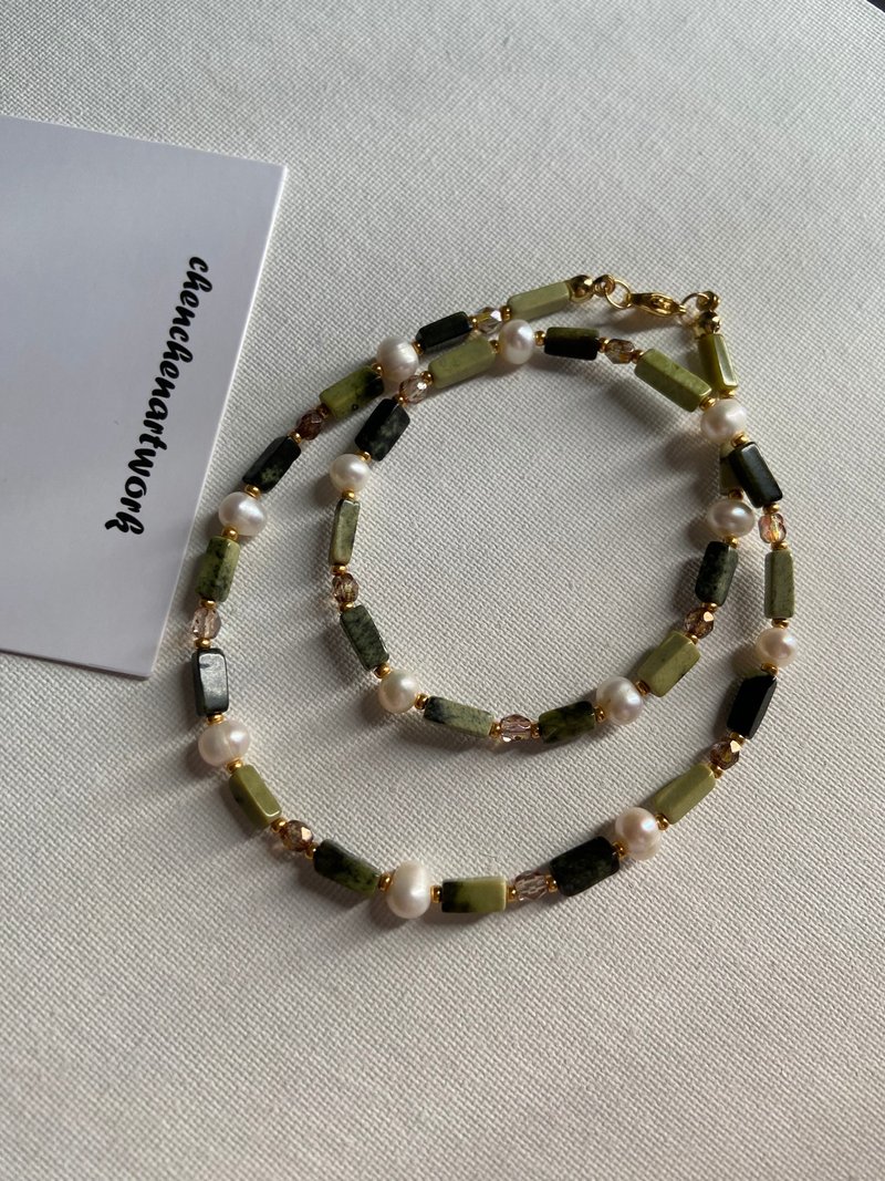 Square Jasper Stone Freshwater Pearl Handmade Beaded Pearl Necklace - Necklaces - Pearl Green