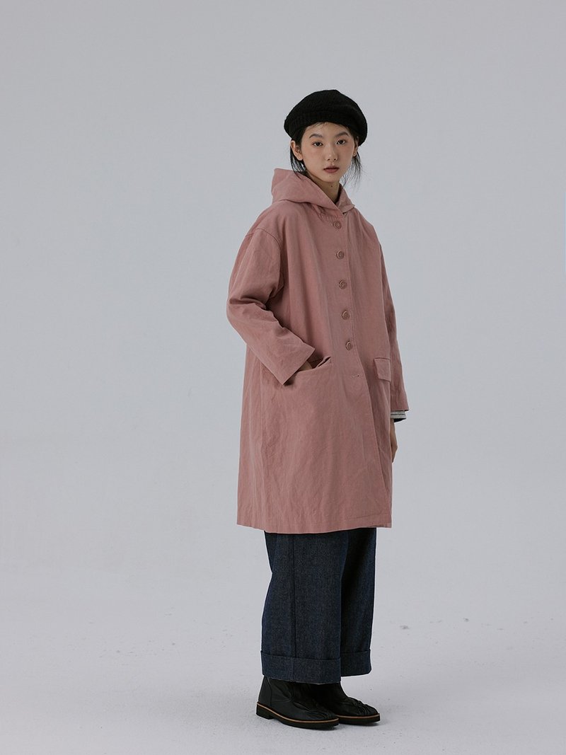 Washed Linen linen leather pink loose hooded windbreaker women - เสื้อสูท/เสื้อคลุมยาว - ผ้าฝ้าย/ผ้าลินิน สีส้ม