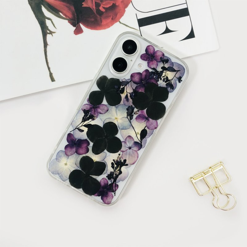 Purple Black Dried Flower Pressed Flower Phone Case for iPhone 16 Samsung S A - เคส/ซองมือถือ - พืช/ดอกไม้ 