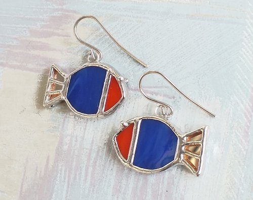 GlassBallad Blue fish earrings Stained glass earrings Mirror sea fish