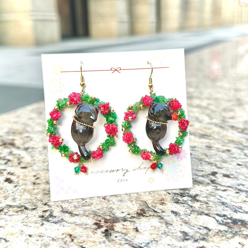 【SGS Safe Certification】Christmas Kitten Wreath (Little Black Cat) - Earrings & Clip-ons - Other Materials Multicolor