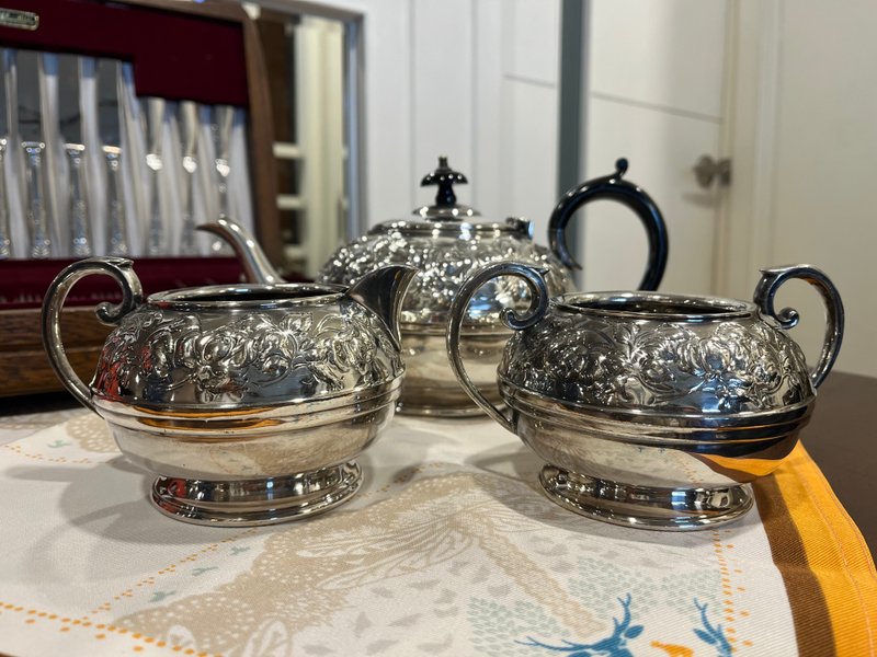 Sheffield Antique Centenary Silver Carved Tea Set Three Pieces Set in Sheffield, England - Teapots & Teacups - Silver Silver