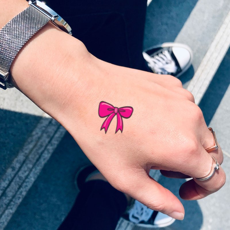 OhMyTat 粉色蝴蝶結 Pink Bow 刺青圖案紋身貼紙 (4 張) - 紋身貼紙/刺青貼紙 - 紙 粉紅色