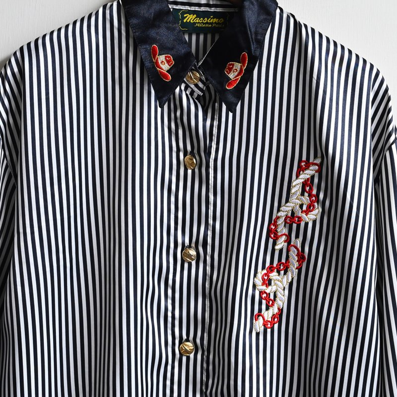 [Egg Plant Vintage] Rope Stripe Embroidered Satin Vintage Shirt - Women's Shirts - Other Man-Made Fibers 