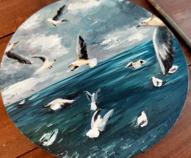 Original oil painting on round canvas sea gull painting aesthetic art -  Shop Khandalova Wall Décor - Pinkoi