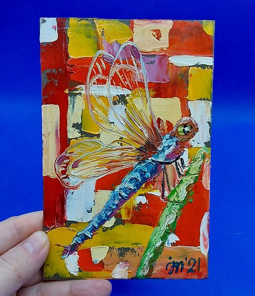 CosinessArt Dragonfly Bright romantic abstract painting Insects. Original oil mini painting
