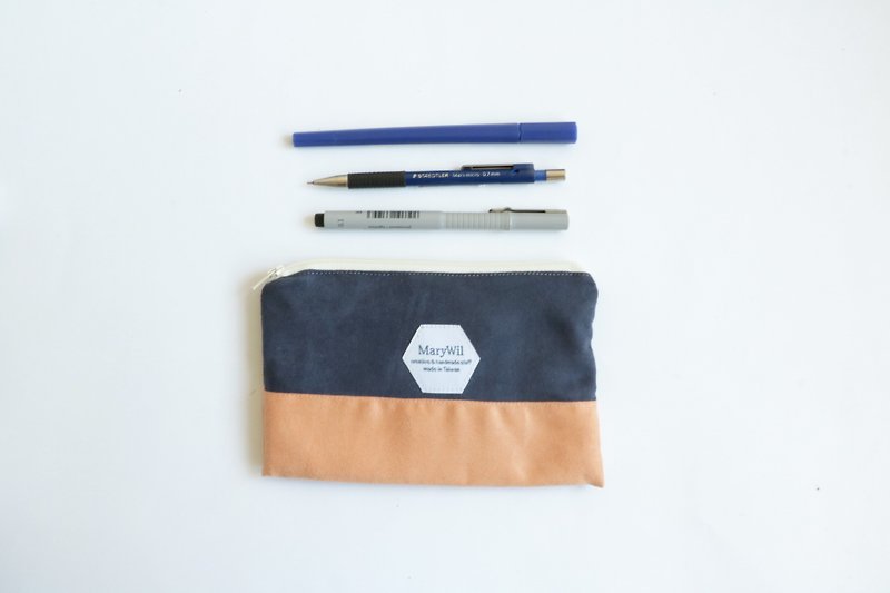 雙色麂皮筆袋 / 化妝包 -深藍粉橘 - 側背包/斜孭袋 - 棉．麻 藍色