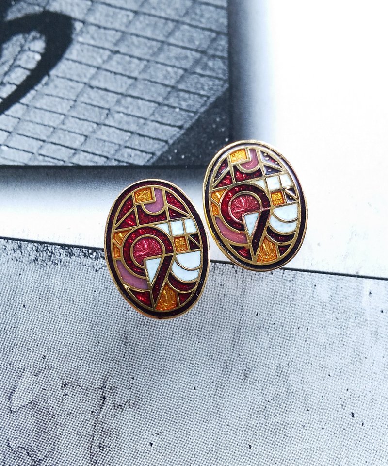 Vintage Jewelry 西洋古董飾品 景泰藍 幾何普普 針式耳環 - 耳環/耳夾/耳骨夾 - 其他金屬 金色