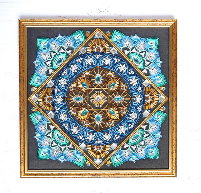 Mandala wall art, handmade bead embroidered framed picture - Wall Décor - Other Materials Multicolor