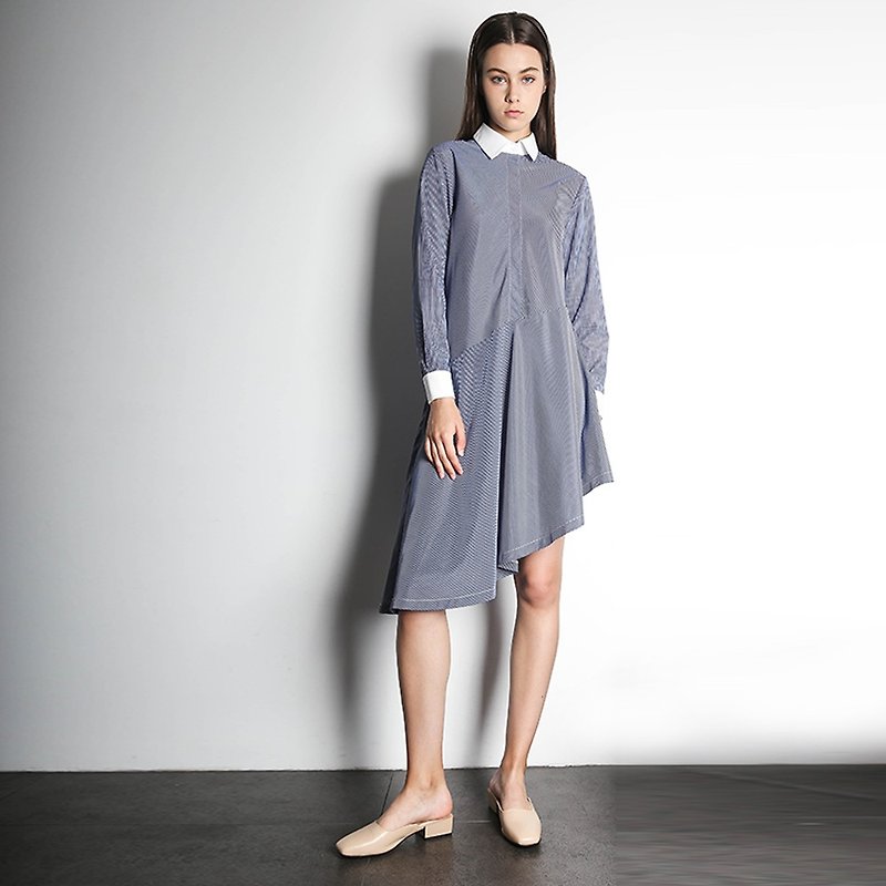 新加坡Salient Label  - 不對稱豎條襯衫裙連衣裙條紋 - 洋裝/連身裙 - 聚酯纖維 藍色