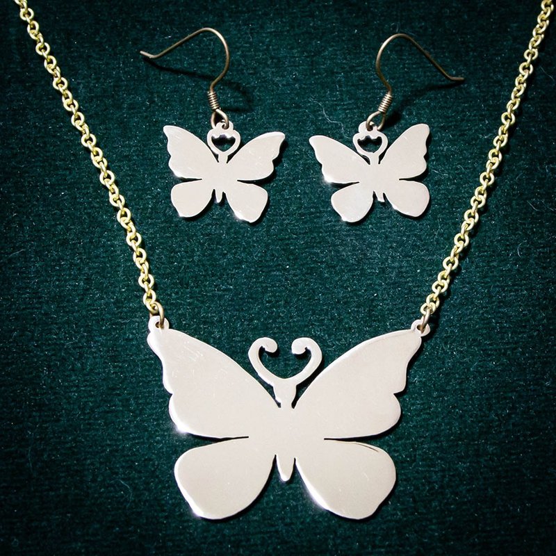 Butterfly Set Necklace+Earring - 項鍊 - 銅/黃銅 