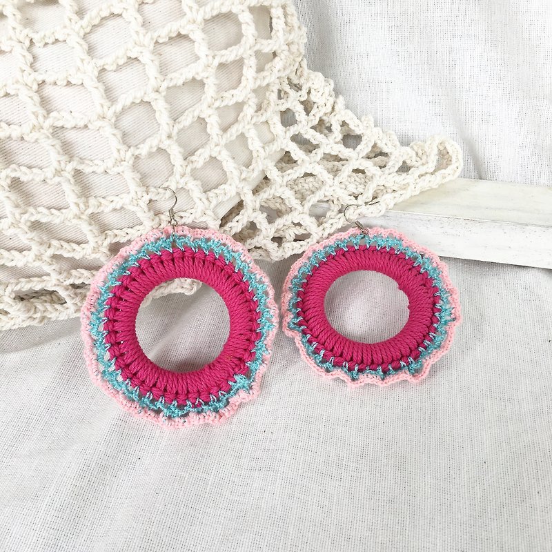 Pink-Blue crochet earring - ต่างหู - ผ้าฝ้าย/ผ้าลินิน สึชมพู