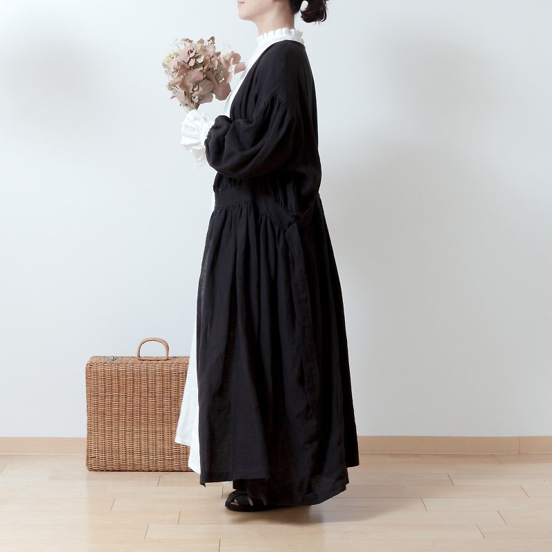 カシュクールギャザー2wayワンピース-フレンチリネン/ブラック - 洋裝/連身裙 - 棉．麻 黑色