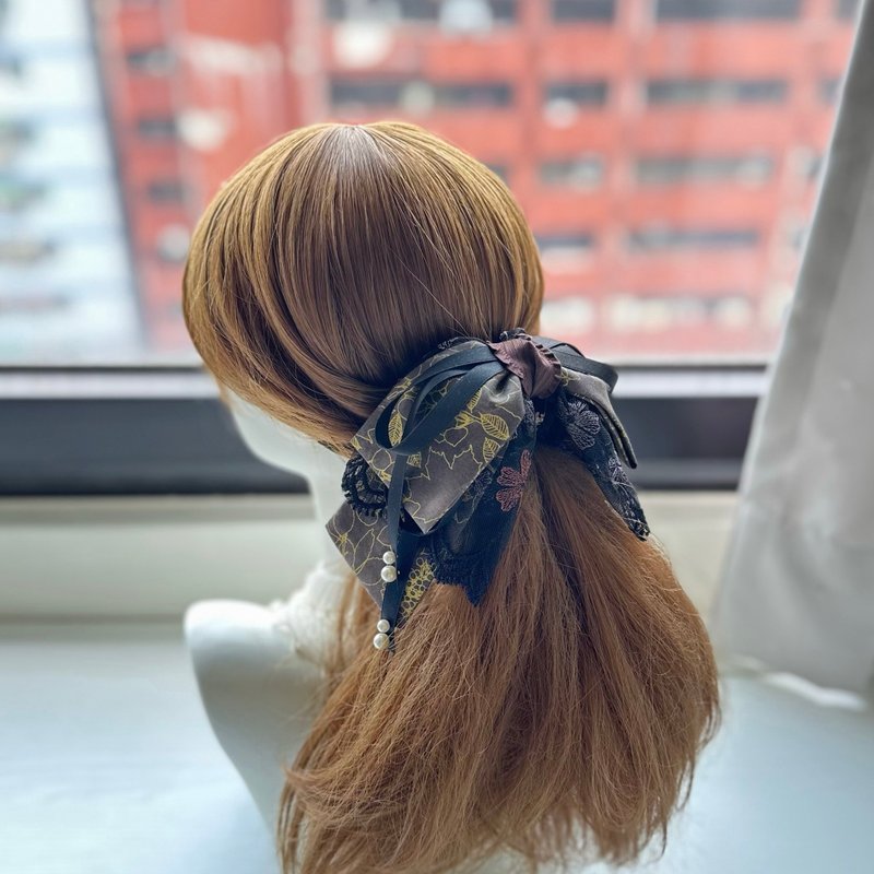 棉布蝴蝶結蕾絲鯊魚夾抓夾相交夾髮夾髮飾頭飾-燙金線條黑深咖啡 - 髮夾/髮圈 - 其他材質 黑色