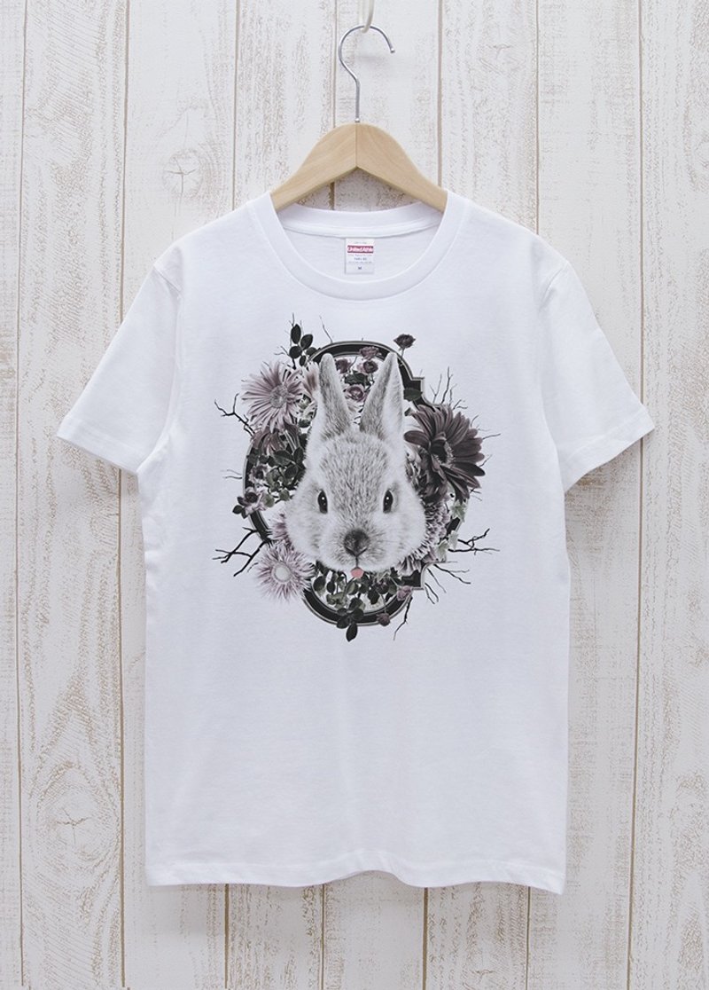 ronronRABIT Tee Flower Frame White / R033-T-WH - เสื้อฮู้ด - ผ้าฝ้าย/ผ้าลินิน ขาว