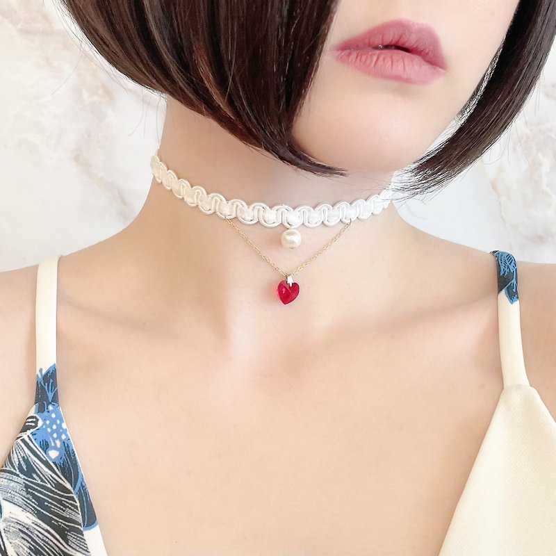 White/Love Swaying in the Moonlight/Cotton Pearl and Heart Choker SV072WH - Chokers - Other Materials White