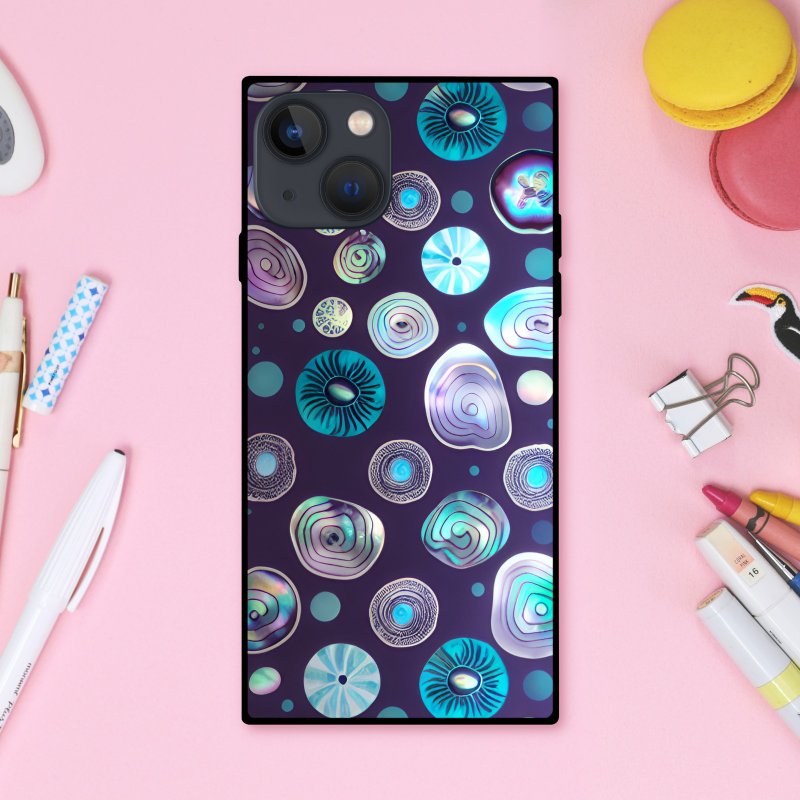 A square smartphone case with a round dot pattern and a fairytale-like, glittering pastel abalone shell [tempered glass finish] for iPhone 16 - Phone Cases - Plastic Multicolor