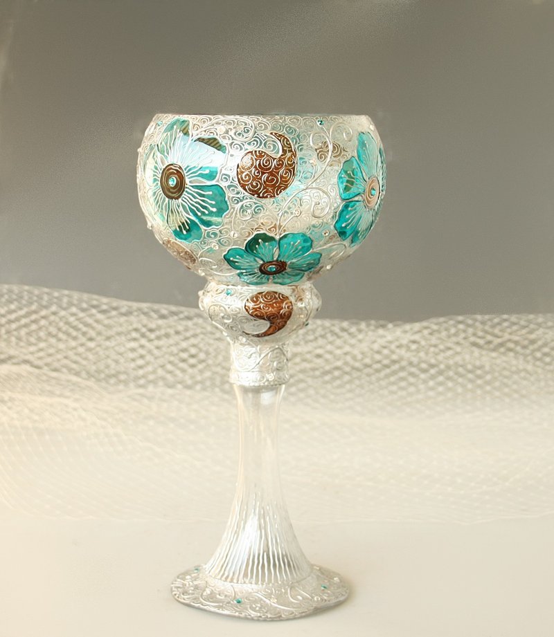  Glass Vase,Wedding Center Piece,Tea Light Candle Holder Hand Painted  - 香氛蠟燭/燭台 - 玻璃 藍色