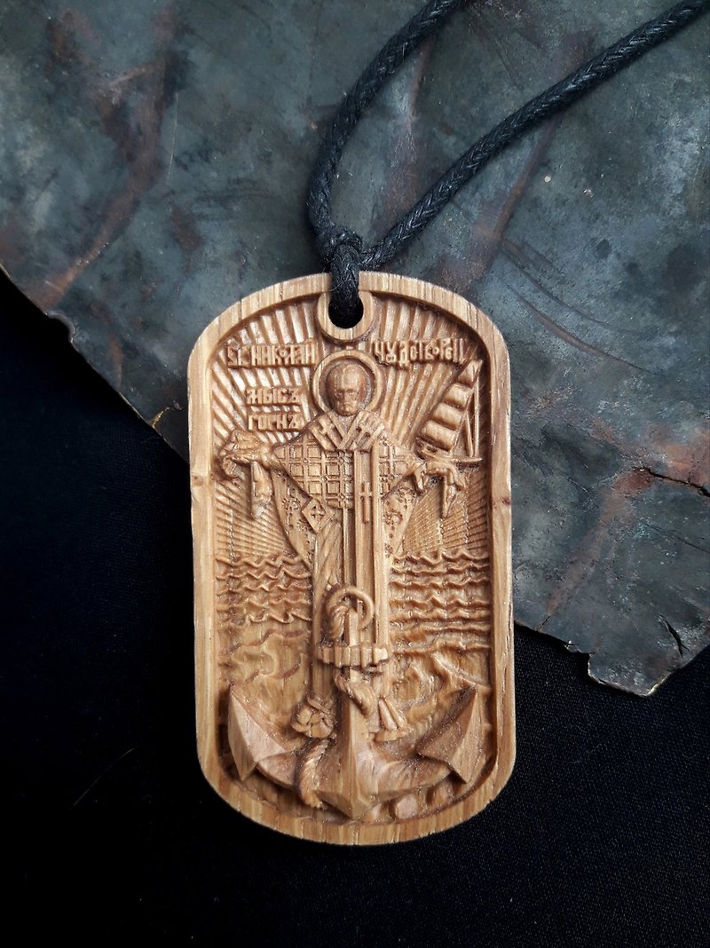 Saint Nicholas icon,  Handmade Christian Greek Small Orthodox icon of St Nick - Necklaces - Wood Brown