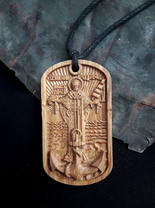 Amberwood39 Saint Nicholas icon, Handmade Christian Greek Small Orthodox icon of St Nick