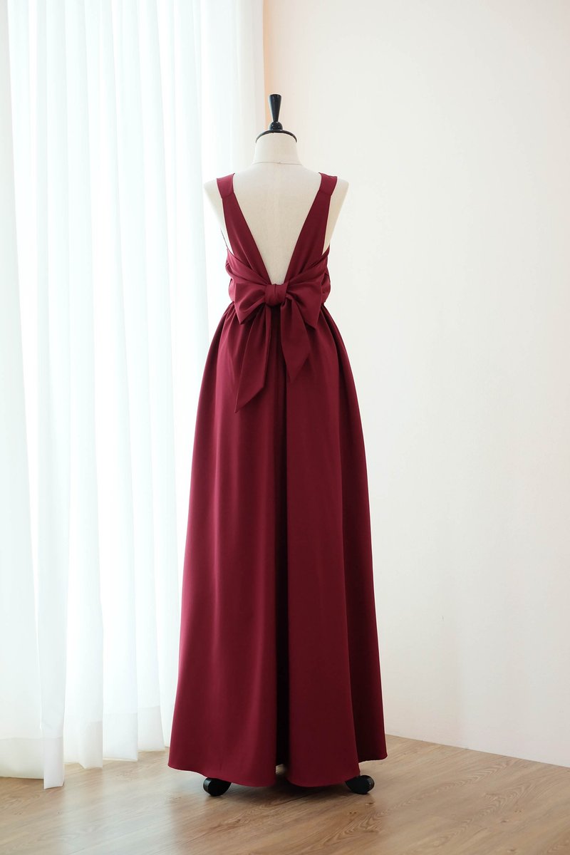 Dark Red Burgundy Dress Bridesmaid backless party Cocktail dress - ชุดราตรี - เส้นใยสังเคราะห์ สีแดง