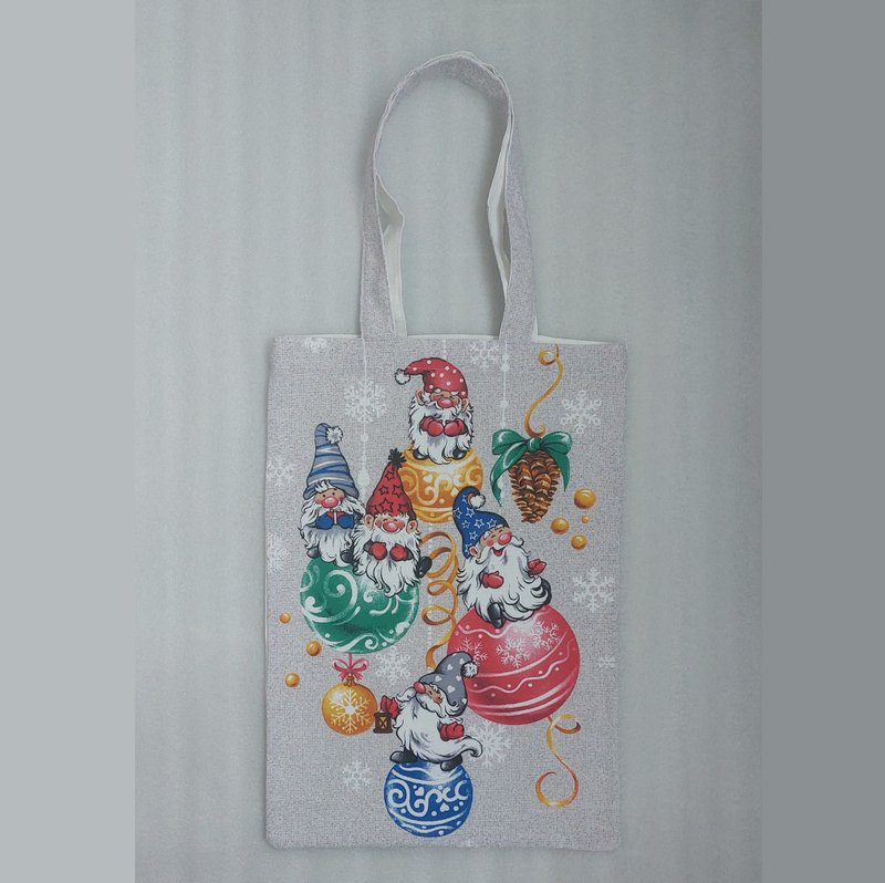 Reusable bags, eco friendly, beautiful soft linen bag, Christmas dwarves - Handbags & Totes - Cotton & Hemp White