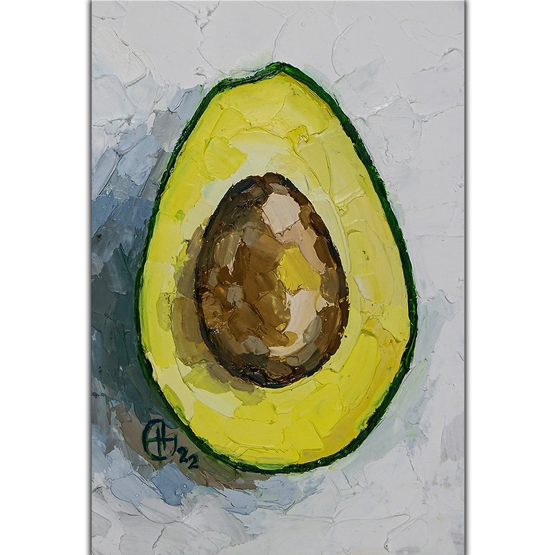 Avocado Painting Kitchen Still Life Original Oil Painting Vegetable Art Fruit - 掛牆畫/海報 - 其他材質 綠色