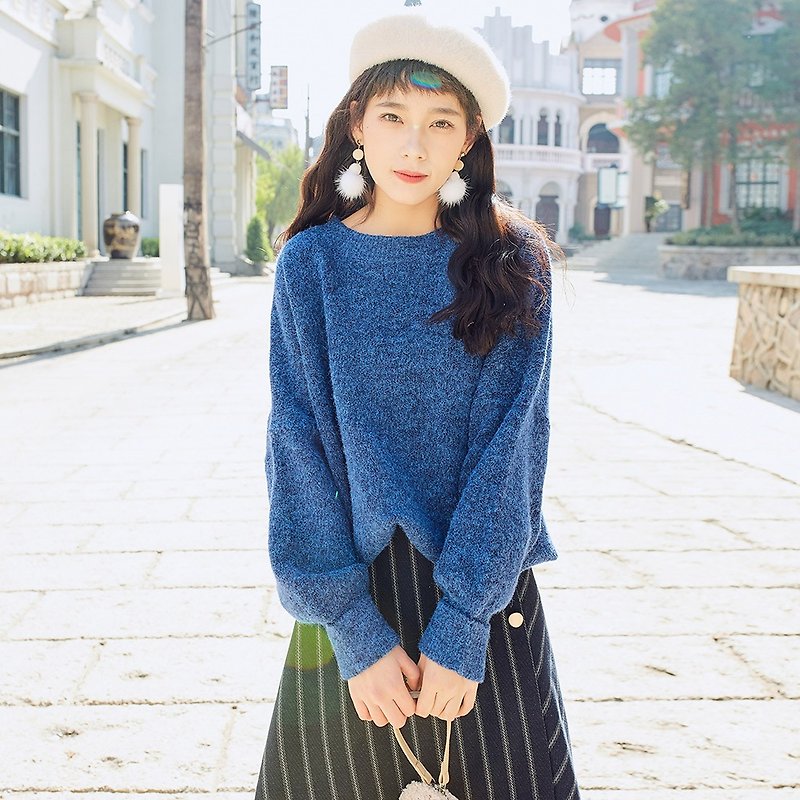 2018女裝冬季穿搭寬松束口袖針織衫 - 毛衣/針織衫 - 聚酯纖維 藍色