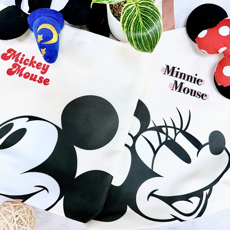 【Disney Disney】Mickey and Minnie Canvas Tote Bag (Genuine Authorized Large Capacity Tutorial Bag) - กระเป๋าถือ - ผ้าฝ้าย/ผ้าลินิน ขาว