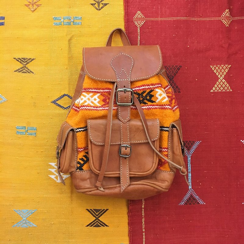 摩洛哥 橘色 手工平織地毯 焦糖色小羊皮 後背包 民族風 配件 - 後背包/書包 - 真皮 橘色