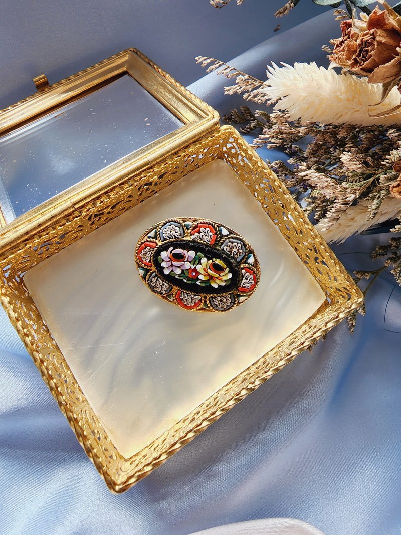 アメリカンウエスタンアンティークジュエリー/イタリアンミニチュアモザイクブラックフローラルオーバルメタルフレームブローチ - ブローチ - その他の素材 