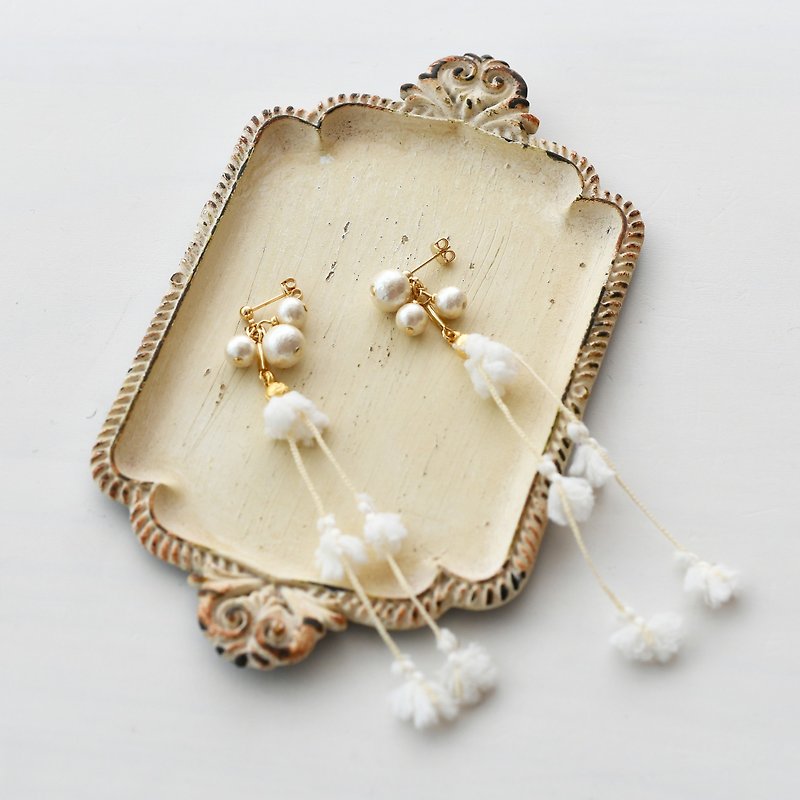 Cotton pearl tassel earrings"Blossoms shower " - Earrings & Clip-ons - Cotton & Hemp White
