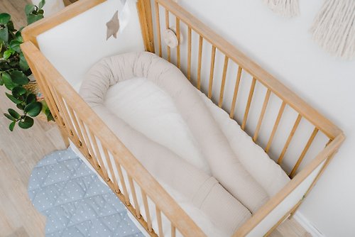 Cot and Cot Beige neutral baby crib snake bumper pillow - bumper pad for newborn bed