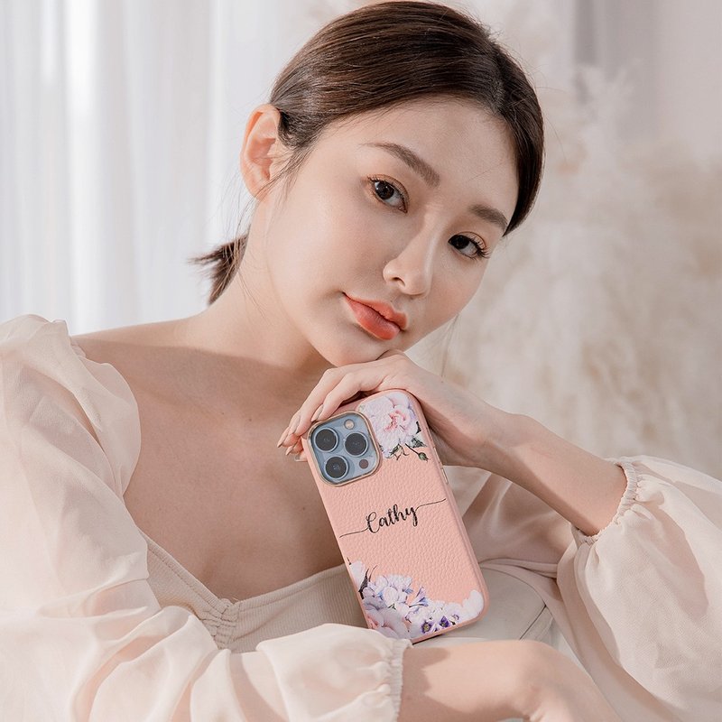 淺紫羅蘭 蜜荔殼 蜜荔粉天然皮革殼 - iPhone客製化手機殼 - 手機殼/手機套 - 真皮 粉紅色