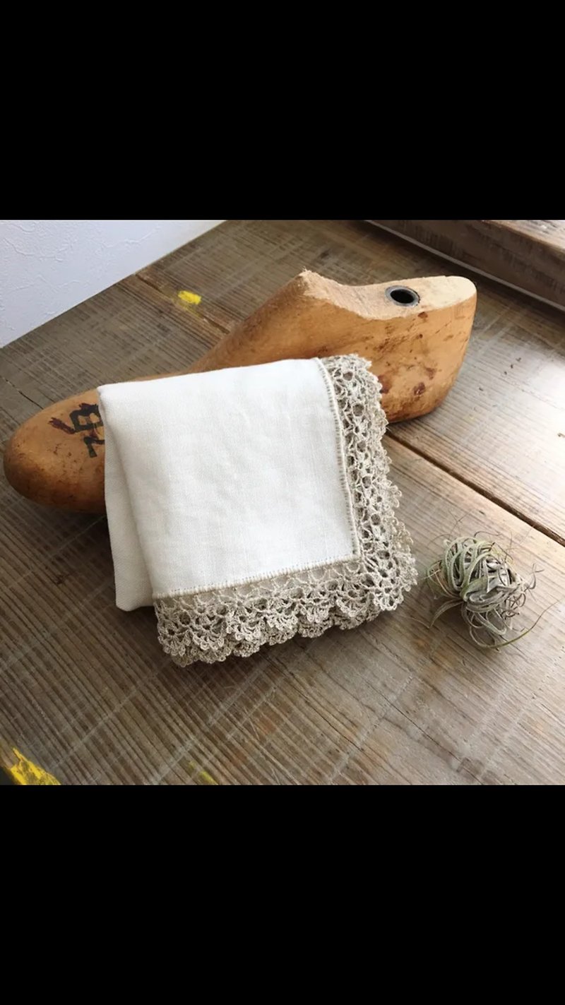 Hand-knitted lace Linen handkerchief White x Beige (53) - Other - Cotton & Hemp White