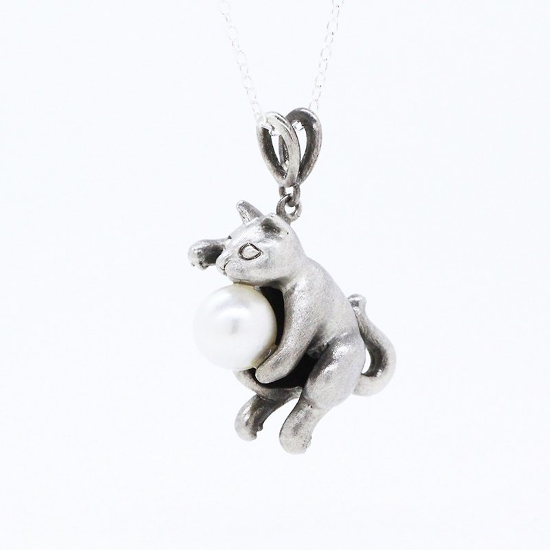 Cat Playing with Ball / Silver Pendant / Sterling Silver / Pearl - Necklaces - Sterling Silver Silver