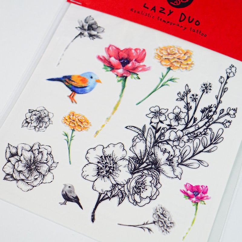 Birdy Garden Sketchy Watercolor Flower Bird Temporary Tattoo Stickers - สติ๊กเกอร์แทททู - กระดาษ หลากหลายสี