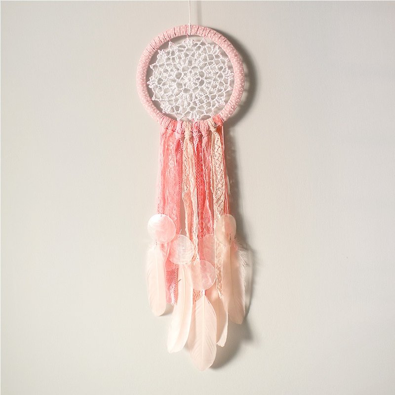 捕夢網 成品 18cm - 粉紅單寧 - 蕾絲花布+貝殼風鈴 - 白色情人節禮物 - 其他 - 其他材質 粉紅色